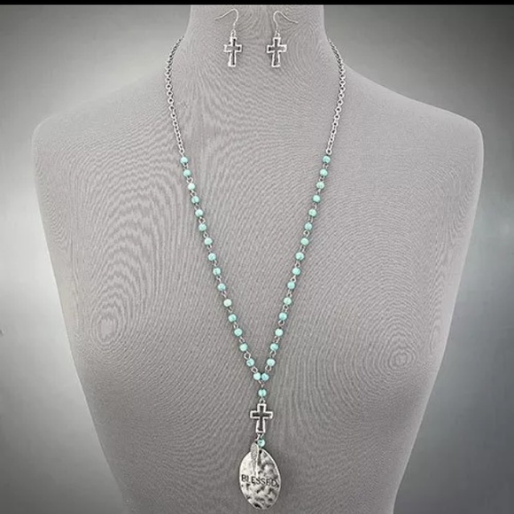 Silver Hammered Blessed Necklace Earring Set