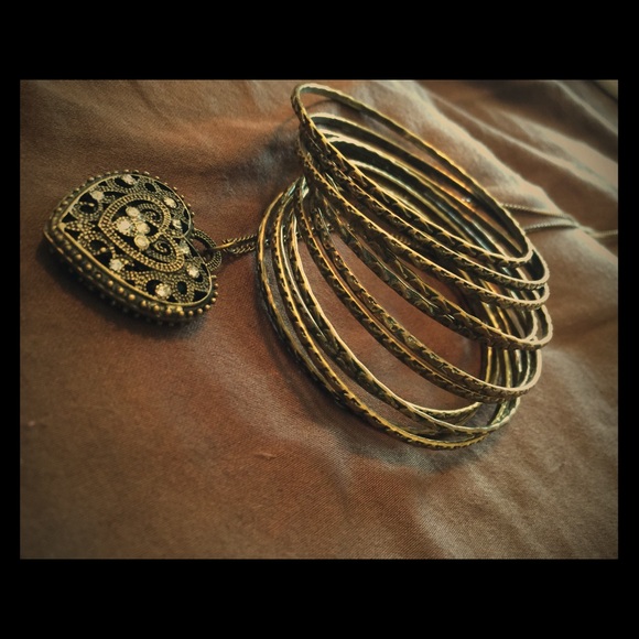 Long dark copper necklace with matching bangles