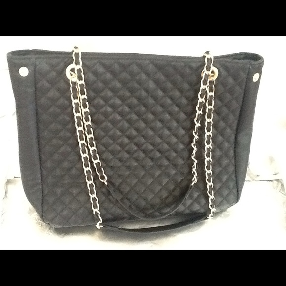 Forever 21 Black Quilted Tote Bag with Gold Chains