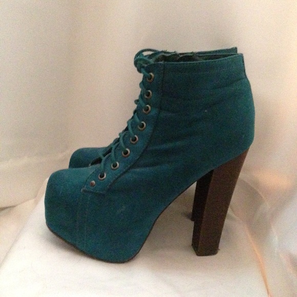 Teal Lace Up Heeled Booties