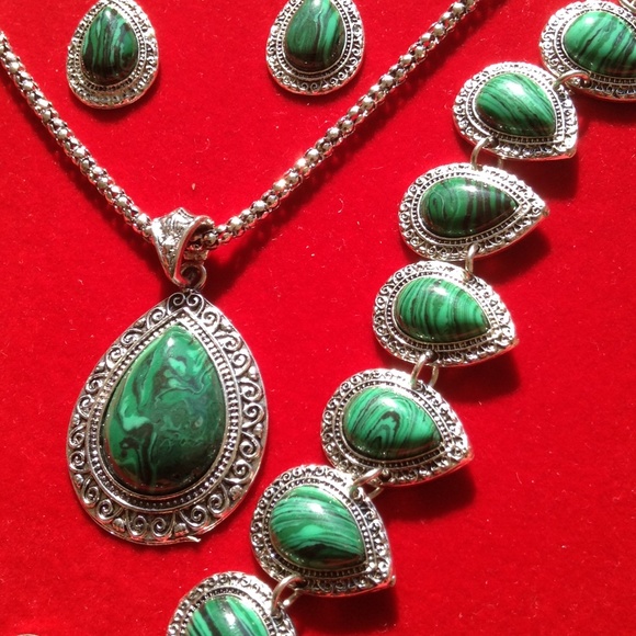 Vintage silver malachite stone set. - Picture 3 of 3