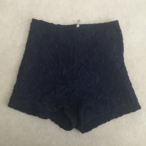 Navy Lace Floral High Waisted Shorts