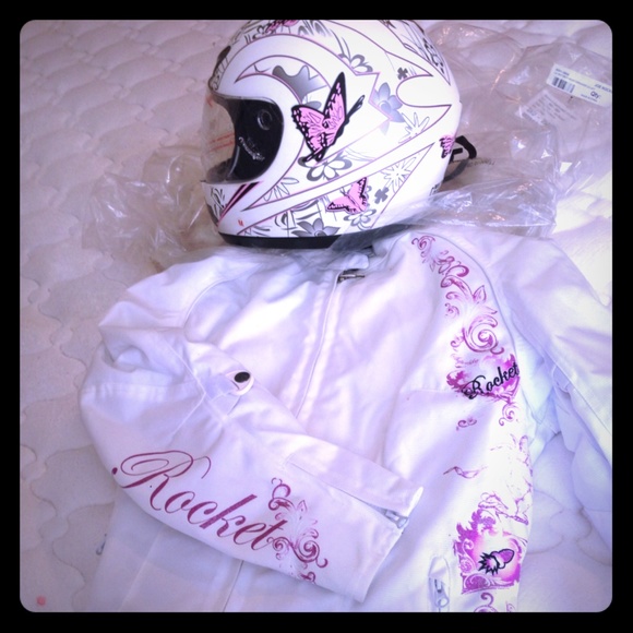 Motorcycle Jacket with matching helmet. Pnk/blk/wh - Picture 1 of 4