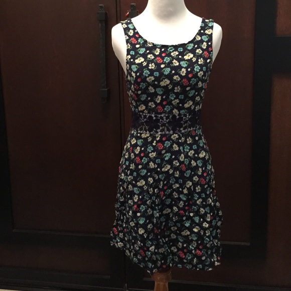 Spring Floral Dress w/ Lace Overlay Cutout Midriff