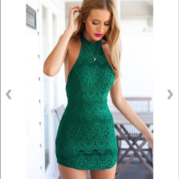 Green Plain Halter Backless Sexy Lace Dress