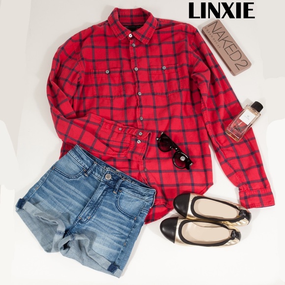 MARC JACOBS Coral Red Plaid Boyfriend Shirt XS - M