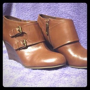 Anne Klein Cognac LE Leather Wedge Booties