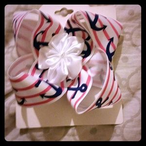 Handmade 5" grosgrain pink striped, anchor bow.