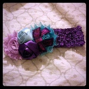 Purple Crocheted headband w/ purple & teal flowers