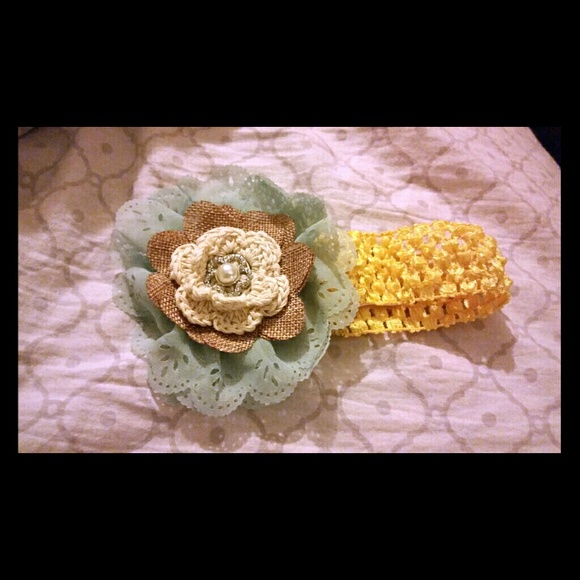 Yellow crocheted headband w/ floral embellishment