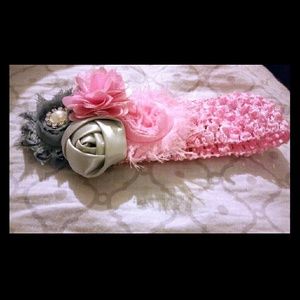 Handmade pink crocheted headband w/ floral accents