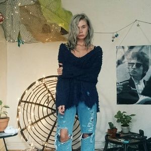 Free People V-neck Loose-Knit Pullover