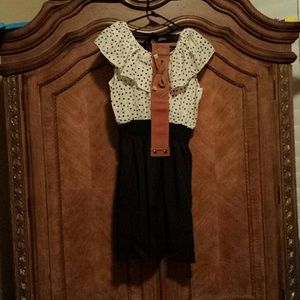 Black & white polka dot dress with brown belt sz l