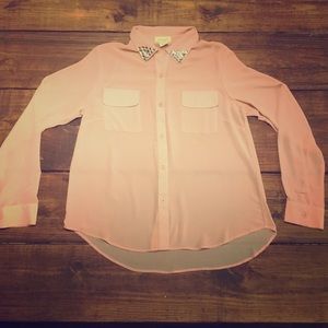 Sheer Pink Top with Rhinestone Collar Detail