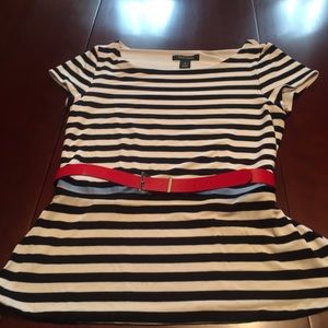 WHBM Black & White Blouse with Red Belt