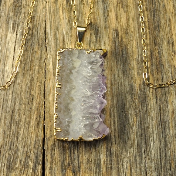 Druzy sliced amethyst geode gold necklace