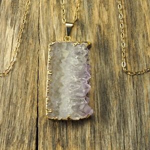 Druzy sliced amethyst geode gold necklace