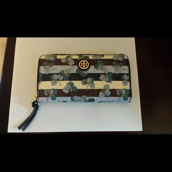 Tory Burch Striped Blue Floral Continental Leather