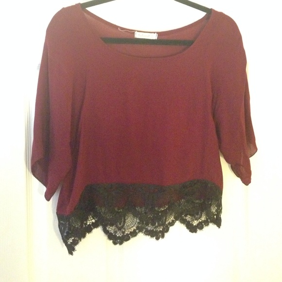 Wine red crop top with black lace accent bottom