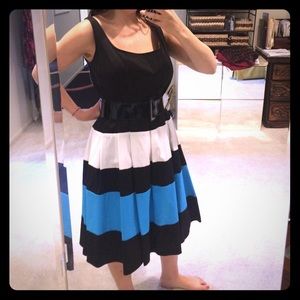 NWT black, white and teal a-line pleated dress