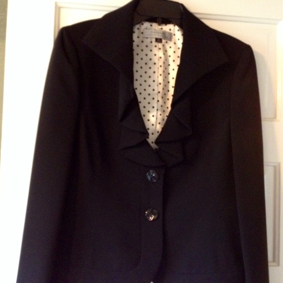 Tahari black suit with ruffle neckline