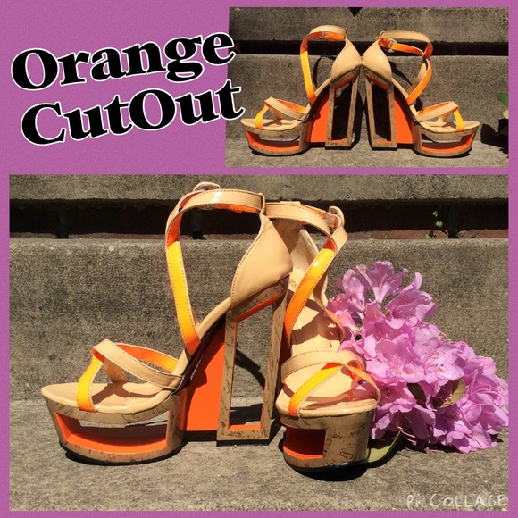 Orange & Nude Wooden Cutout Heels