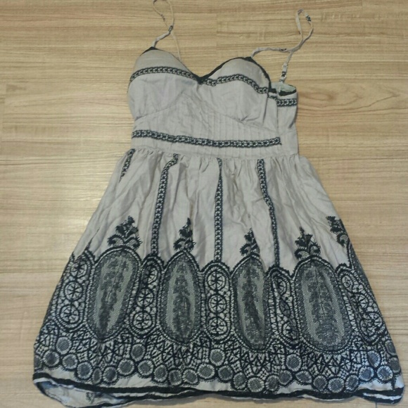 Modcloth Cute Black Lace Screenprint Taupe Dress