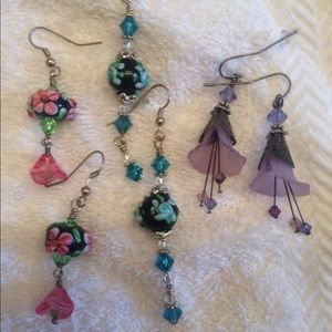 3 pair handmade crystal & lampwork bead earrings.