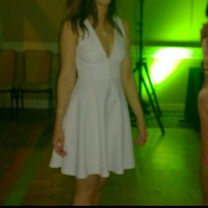 Striped shirt, metallic tank, white sweater, dress