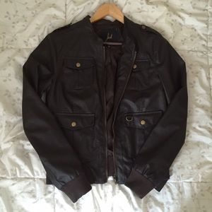 Dark brown faux leather bomber jacket