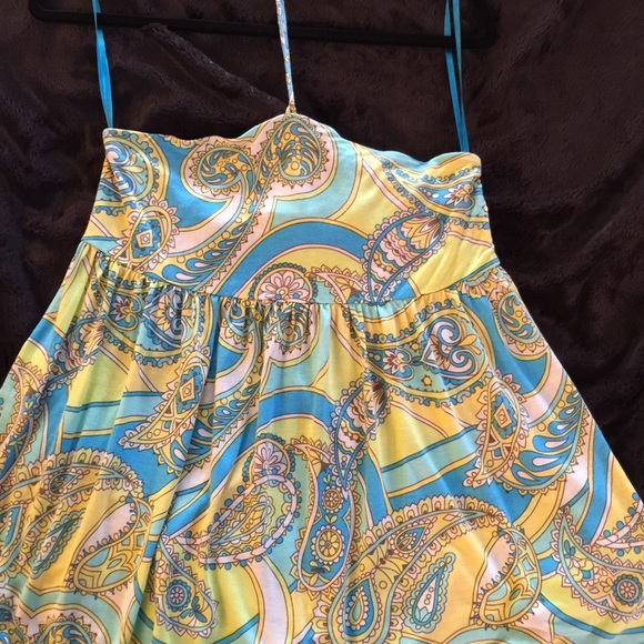 Paisley sleeveless halter top. Greens & yellow.