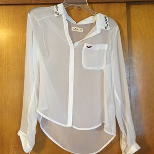 White sheer top with rhinestones on the collar