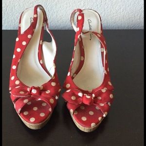 Red and white polka dot sling back heels