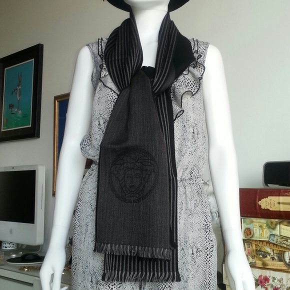 Versace long Black Gray woven scarf