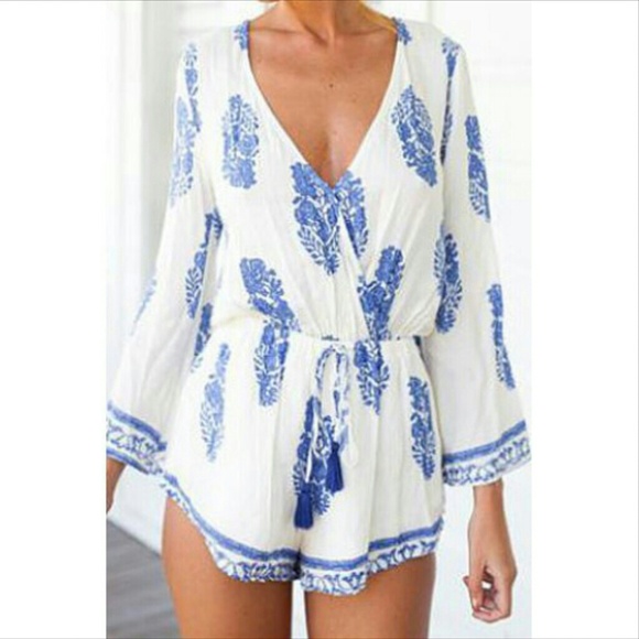 Pants - White & Blue Lace Romper