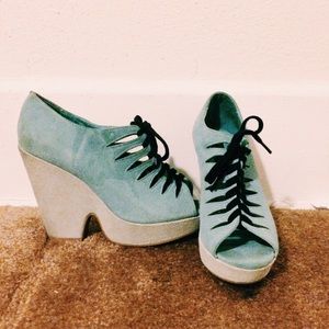 Deena & Ozzy Peep Toe Lace Up Wedge Booties