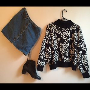 Vintage 90s black and white rose sweater