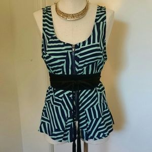 Navy and Turquoise Print Top