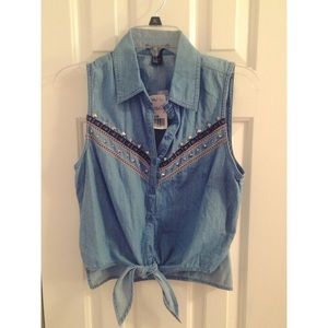 Brand new denim shirt with front tie