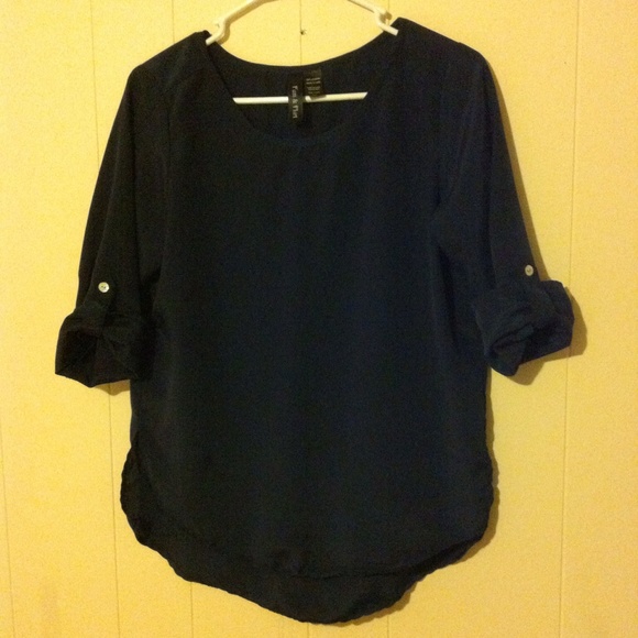 Navy long sleeve blouse with ivory button detail