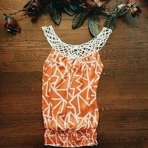 Tangerine & white printed top with neckline detail
