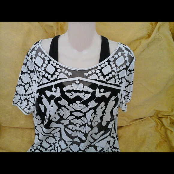 women's black sheer and white embriored large top