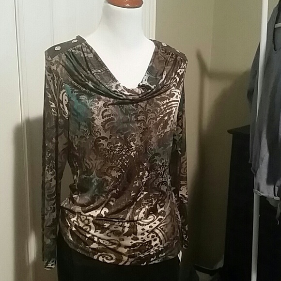 Silky long sleeved chocolate brown print blouse MP