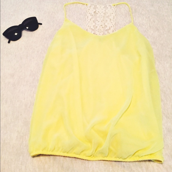 Pale yellow lace panel tank top
