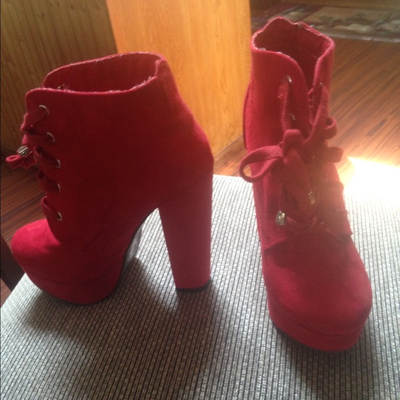 red chunky heel booties