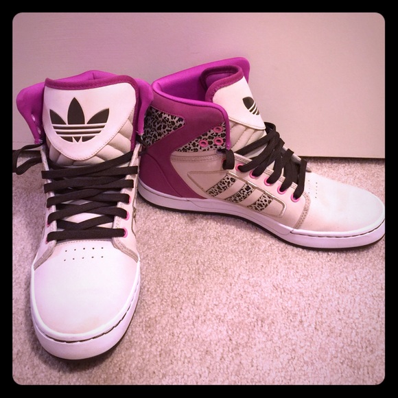 Adidas High Tops in Cream, brown and purple.