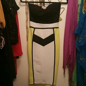 Strapless, yellow, black, white dress