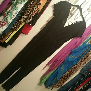 Black lace, deep v jumpsuit