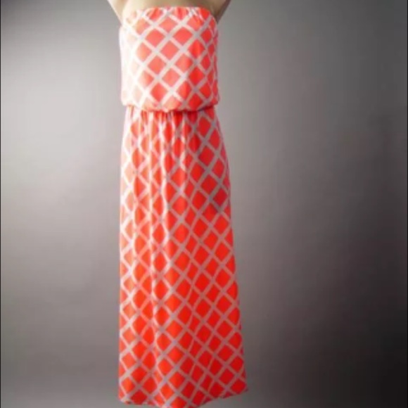 Neon Orange and White Strapless Maxi