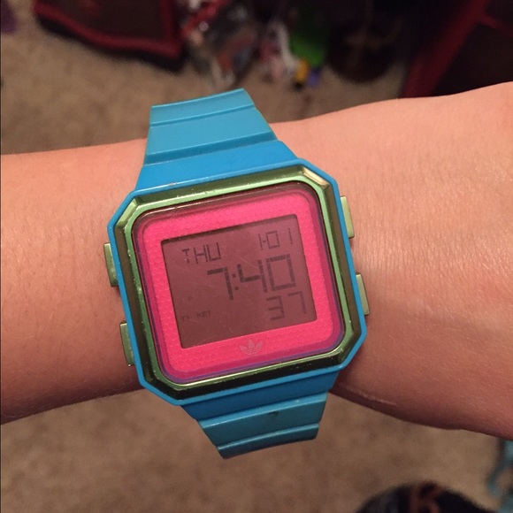 Adidas sport watch blue pink and green